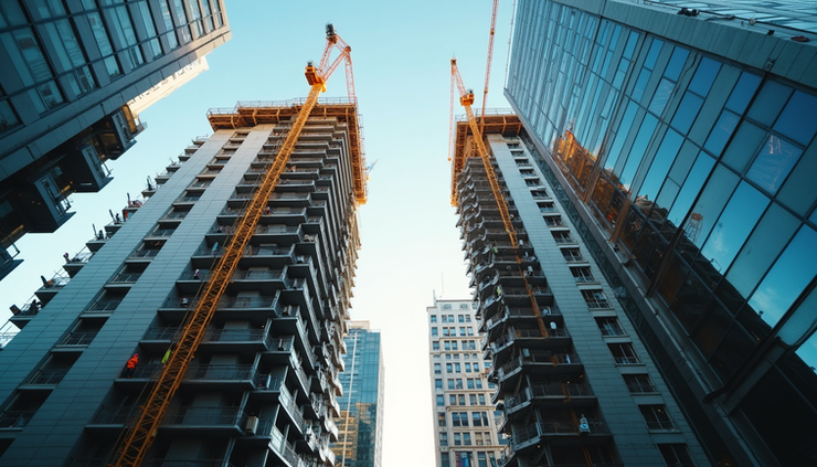 Eye-level view of a high-rise construction site with cranes and scaffolding
