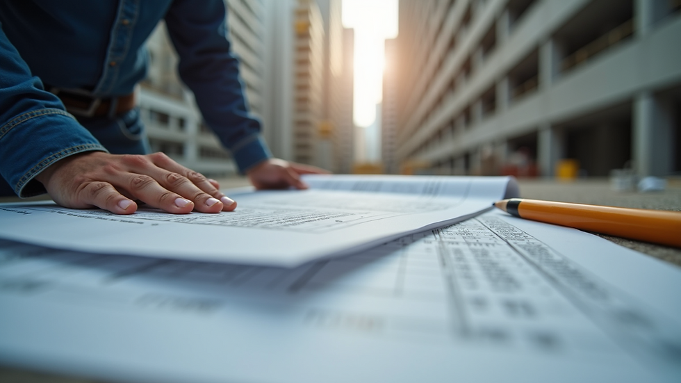 Eye-level view of an architect reviewing blueprints on a worksite