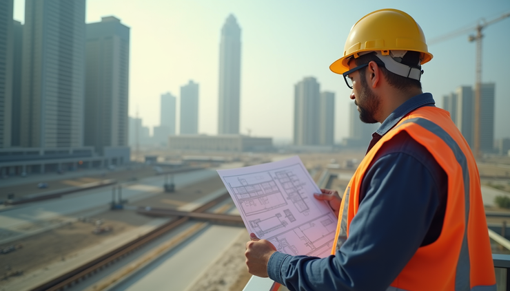 Eye-level view of an engineer reviewing construction site plans in a Middle Eastern urban area