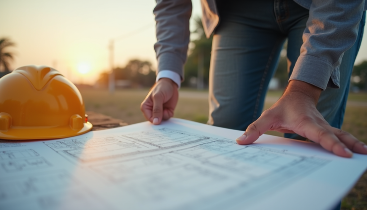 Eye-level view of a civil engineer reviewing construction site plans in Karnataka