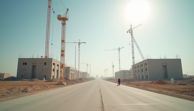 Eye-level view of a construction site in Qatar with cranes and concrete structures