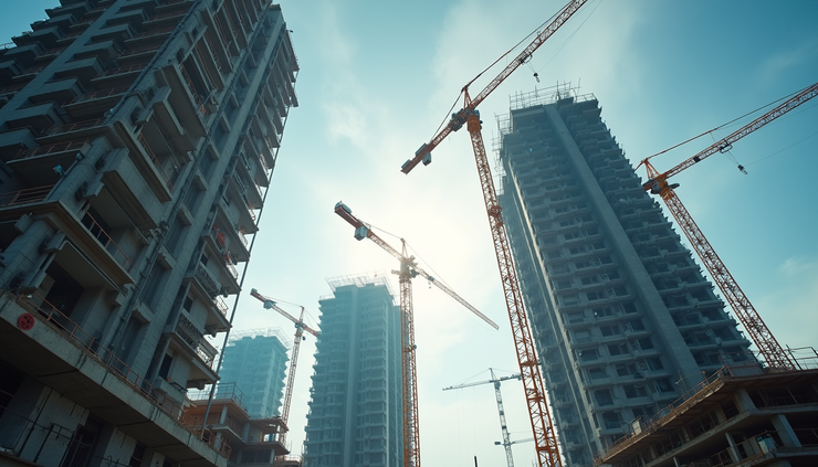 Eye-level view of a construction site with cranes and high-rise buildings under development