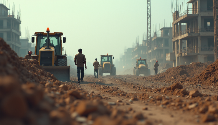 Eye-level view of a construction site in West Bengal with workers and machinery actively engaged