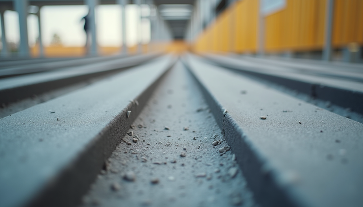 Eye-level view of a construction site with concrete slab and steel reinforcement