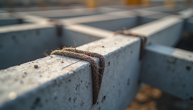 High angle view of completed RCC beam reinforcement with steel bars tied and ready for concrete pouring