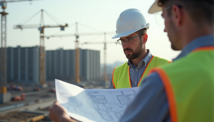 Eye-level view of a construction site with a civil engineer reviewing project plans
