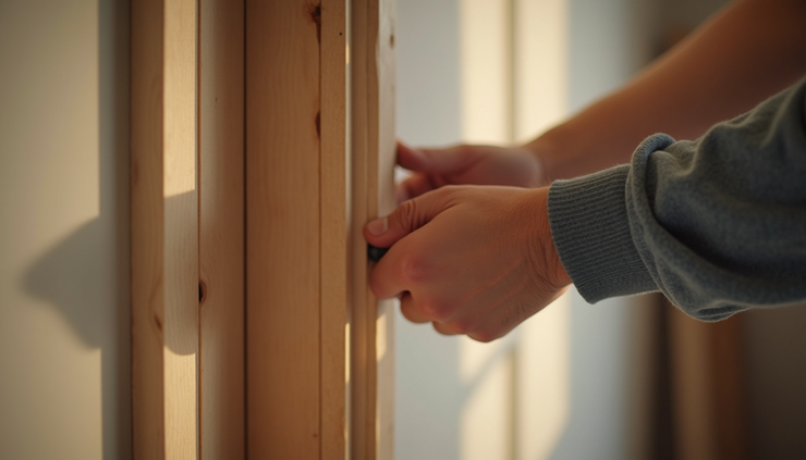 Close-up view of a carpenter installing a wooden door frame with precision