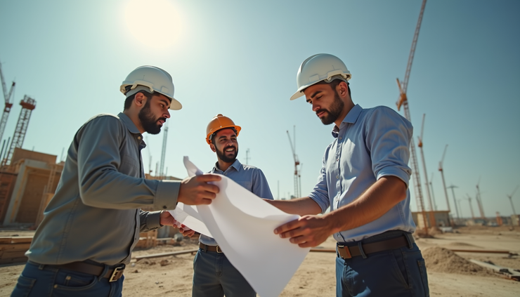 Eye-level view of a construction site in Kuwait with engineers reviewing blueprints