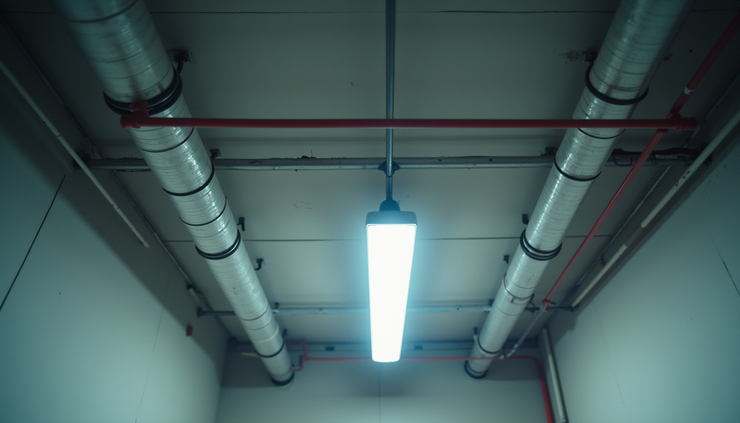 Eye-level view of a building site showing mechanical ducts and electrical conduits installed in ceiling space