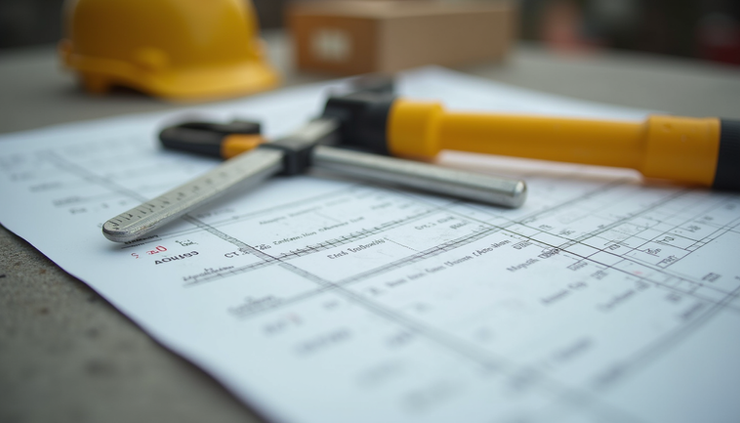 Eye-level view of a construction site with a detailed measurement sheet and scale ruler