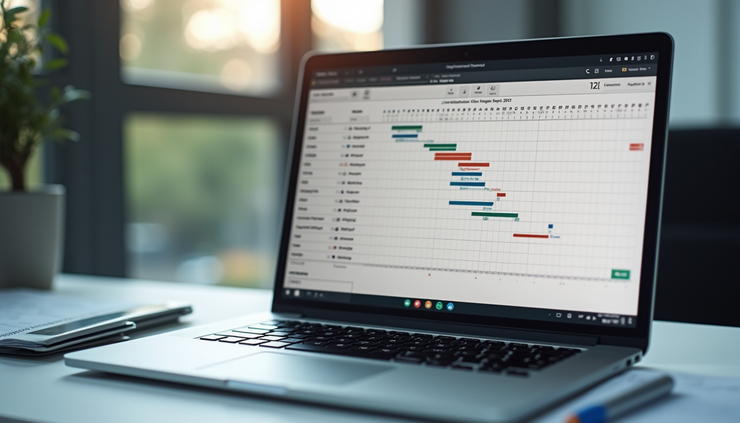 Close-up view of a laptop screen showing a civil engineering project schedule with Gantt chart