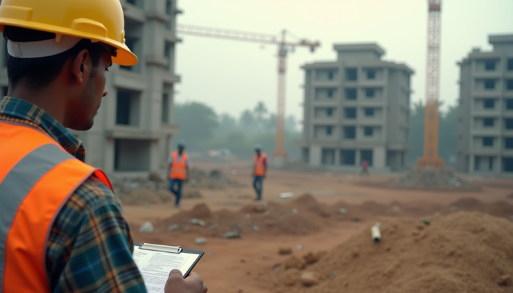 Eye-level view of a quantity surveyor reviewing construction site measurements in Kerala