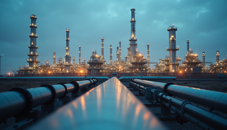 Eye-level view of industrial oil and gas plant with pipelines and equipment