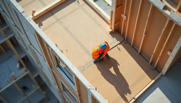 High angle view of construction workers assembling Mivan shuttering panels on a multi-story building