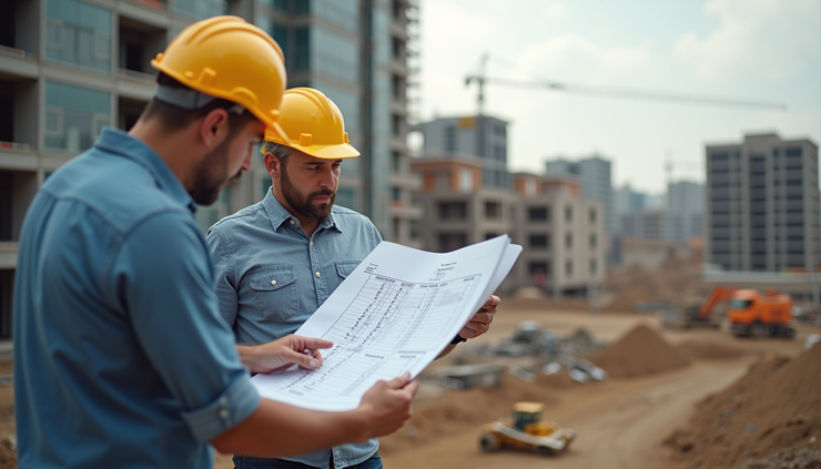 Eye-level view of a construction site with engineers reviewing blueprints and cost sheets