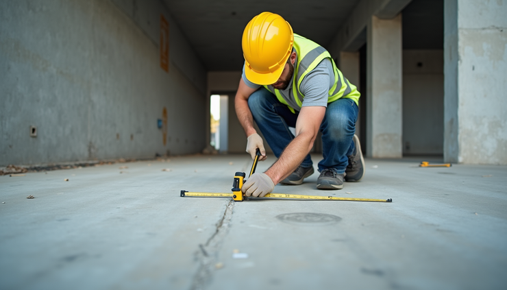 Eye-level view of a construction worker marking column positions on a concrete slab