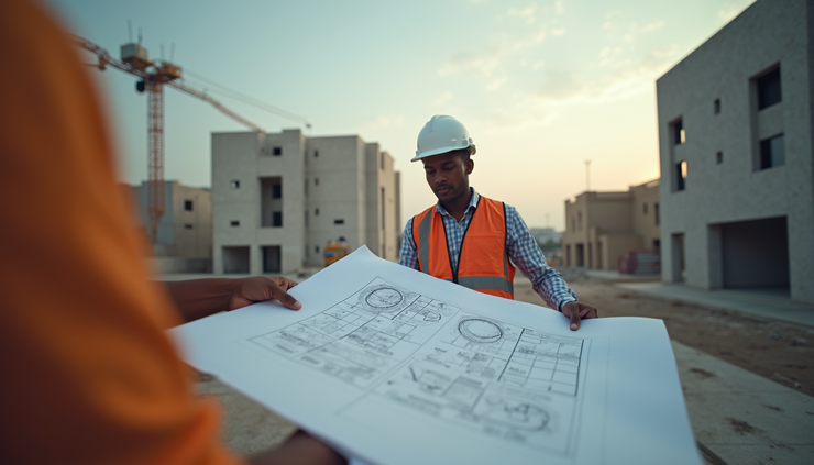 Eye-level view of a civil engineer reviewing construction plans on site in Nigeria