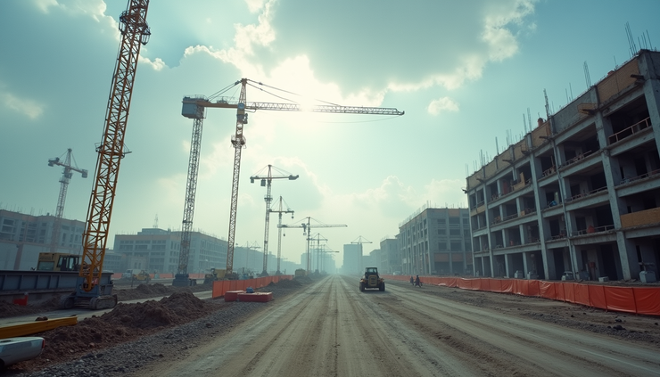 Eye-level view of a construction site with cranes and building framework