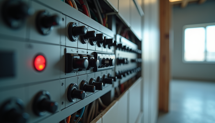 Eye-level view of an electrical panel with wiring and switches