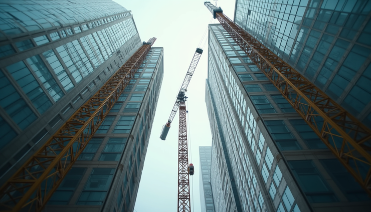 Eye-level view of a high-rise construction site with cranes and site survey equipment