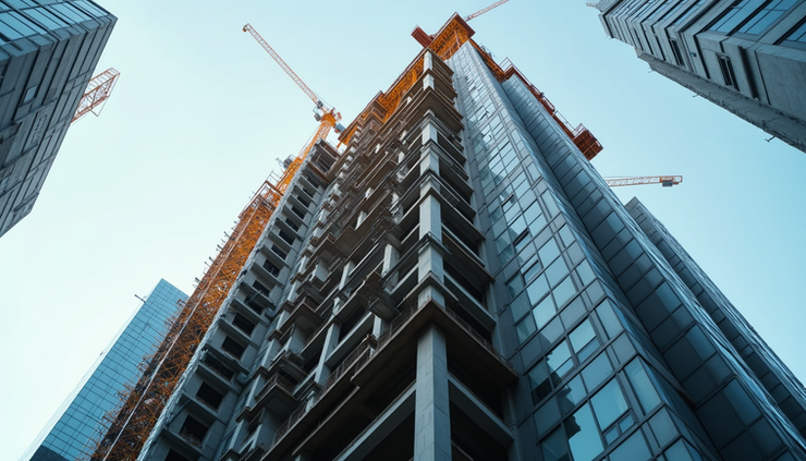 Eye-level view of a high rise building under construction showing cranes and structural framework