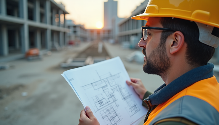 Eye-level view of a civil engineer reviewing construction plans at a site