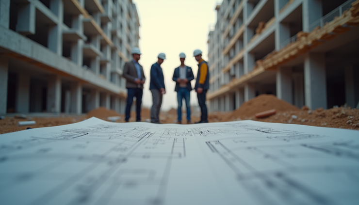 Eye-level view of a construction site with project managers reviewing blueprints