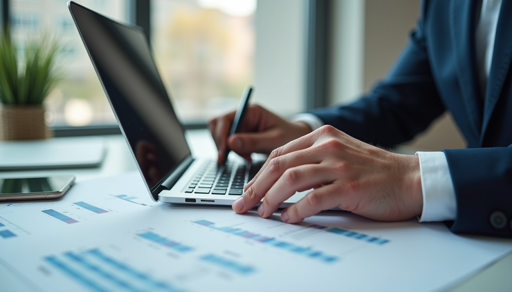 Close-up view of a project manager reviewing construction cost reports on a laptop