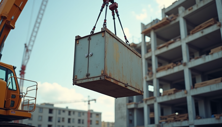 Close-up view of pre-engineered steel module being lifted by crane at construction site