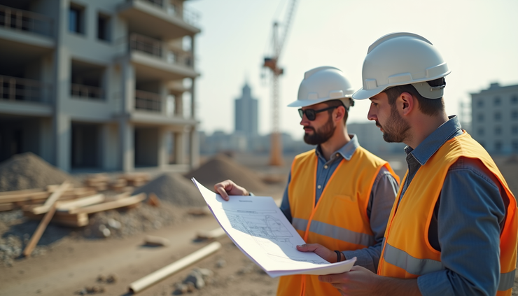 High angle view of a quantity surveyor discussing site progress with engineers