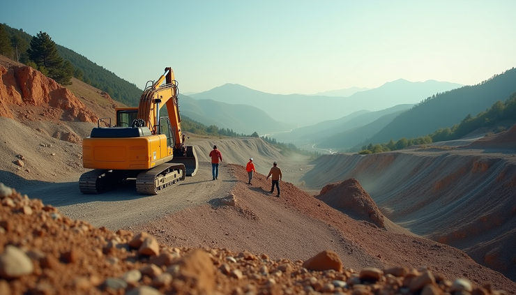 Eye-level view of a construction site in Uttarakhand’s hilly terrain with machinery and workers