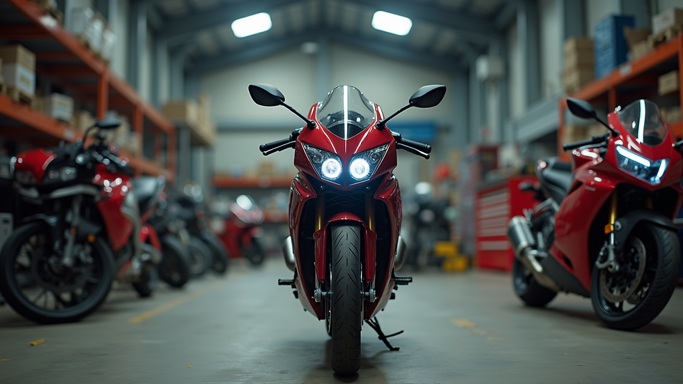 Eye-level view of a Honda motorcycle in a workshop