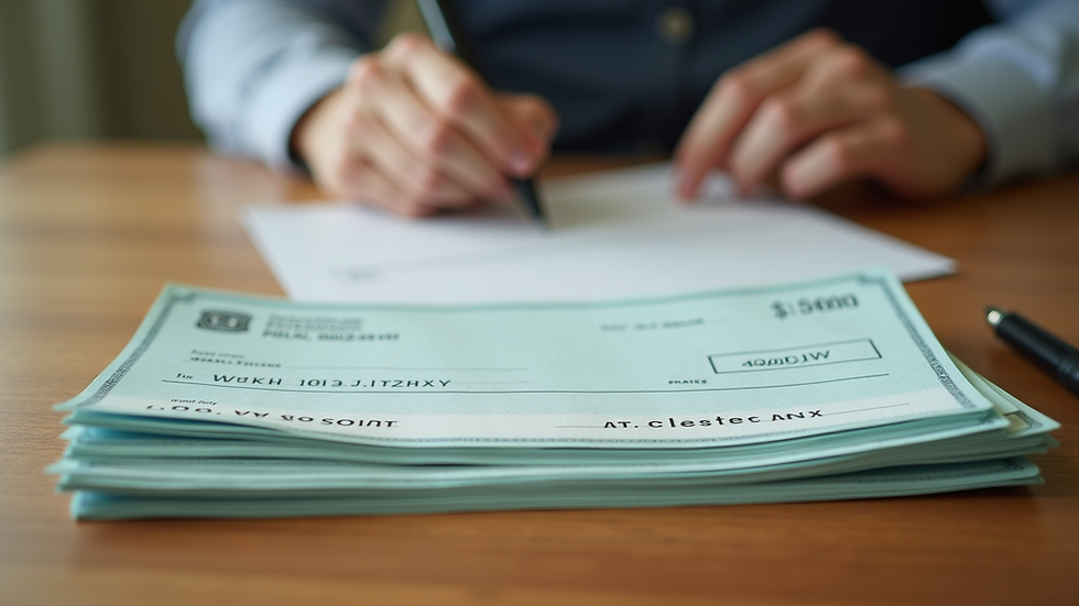 Close-up view of a stack of uncashed checks on a wooden table
