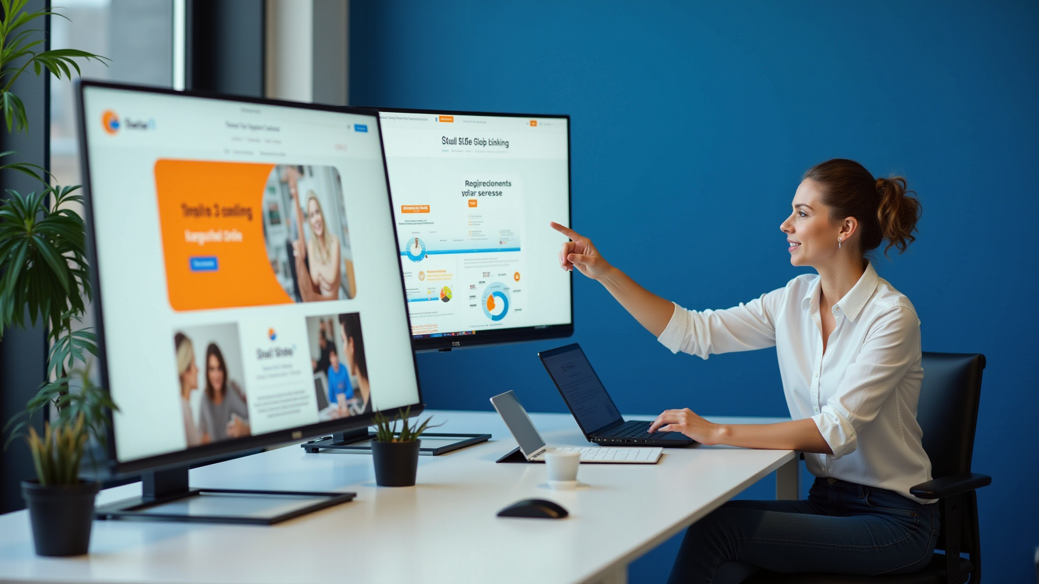 Woman at desk pointing at screen displaying web content