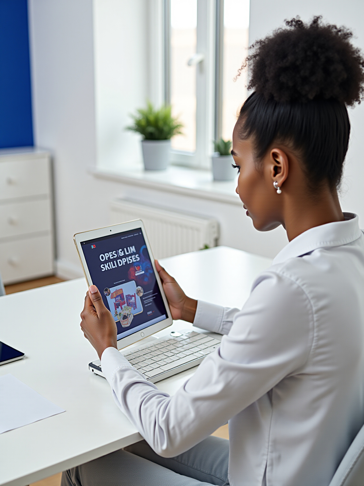 Woman viewing 'OPEN & USE DEVELOPER' on a tablet