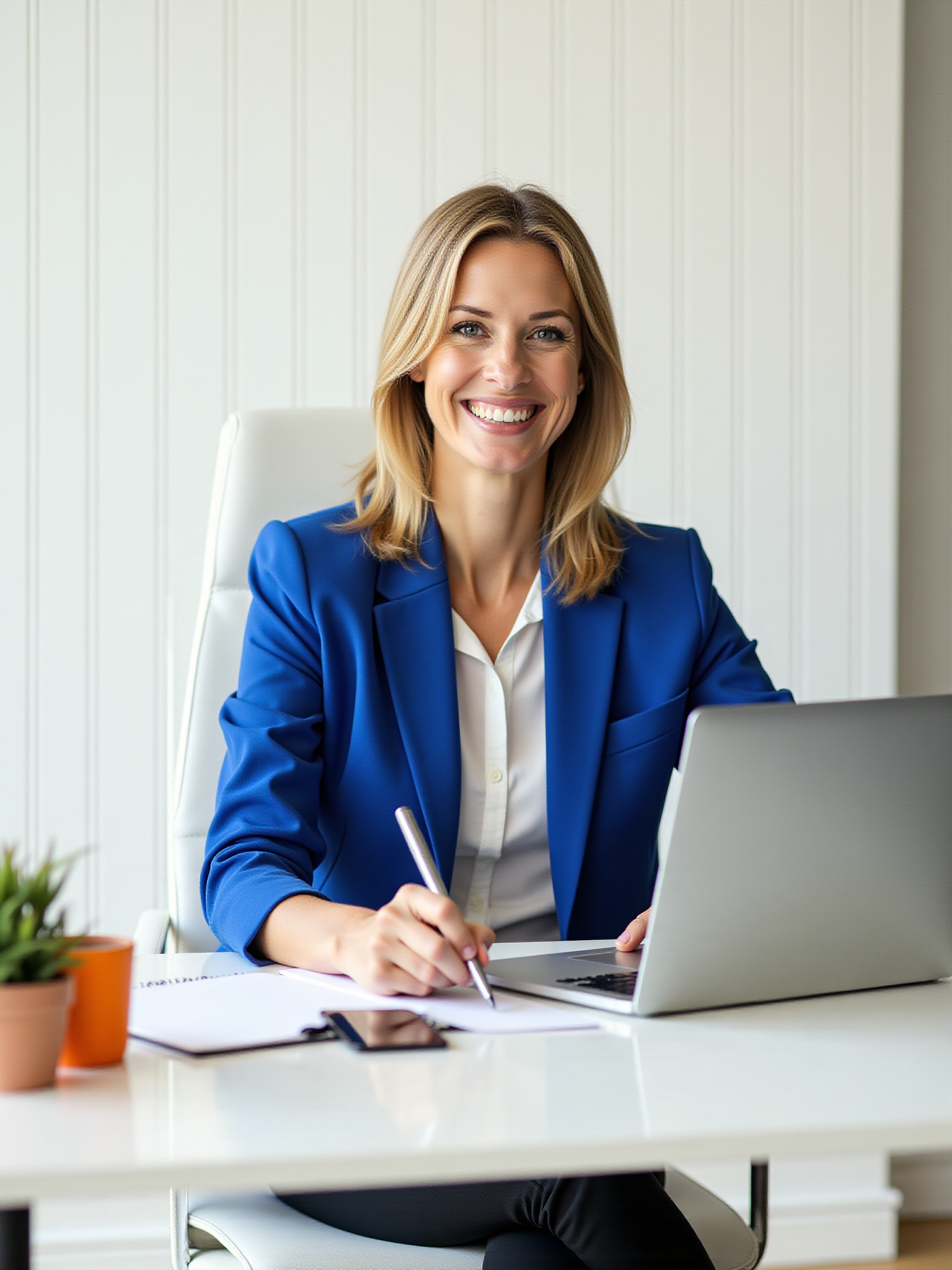Smiling woman in blue blazer at a desk with a laptop