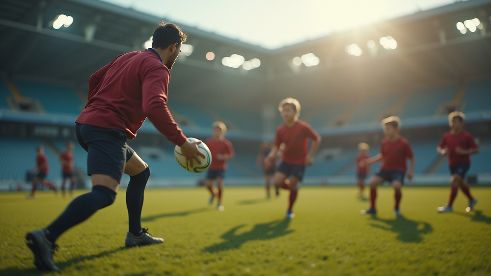 Eye-level view of a rugby coach demonstrating a passing drill to young players