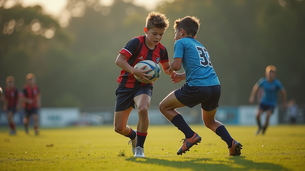Eye-level view of a young rugby player practicing a tackle