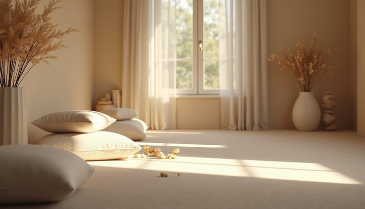 Eye-level view of a serene meditation space with cushions and soft natural light