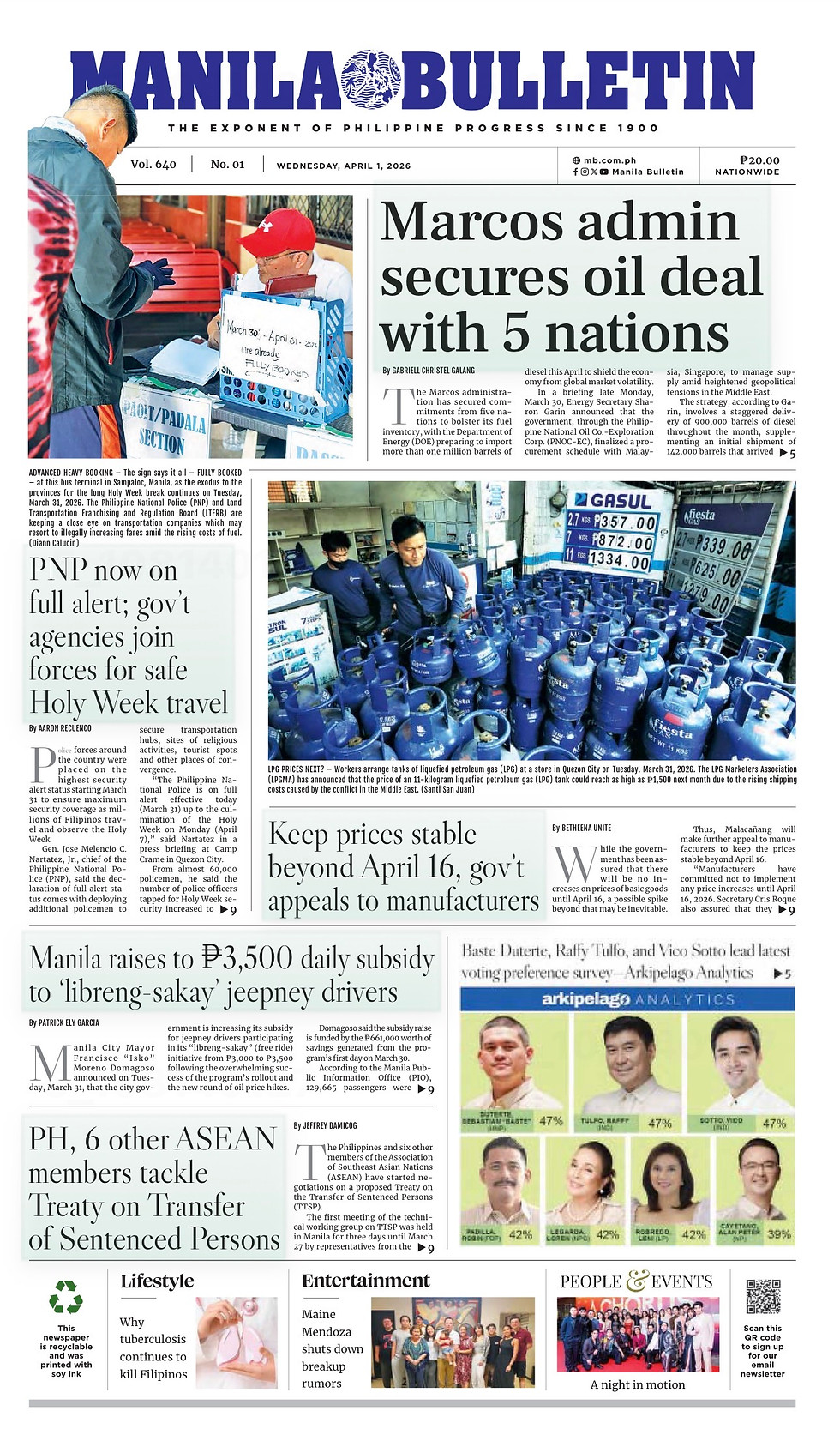 Front page of Manila Bulletin published on April 1, 2016 showing the Arkipelago Analytics Senatorial Preferences Survey