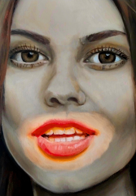 Portrait of a woman against a soft neutral background; her skin rendered in muted grey-tones, and her lips painted in rich, vivid colour. Her gaze is steady and introspective, eyes showing subtle warmth and depth. The contrast of the bright mouth against the subdued face evokes a journey from silence toward finding her voice — a sense of regained strength, boundary, and emotional honesty