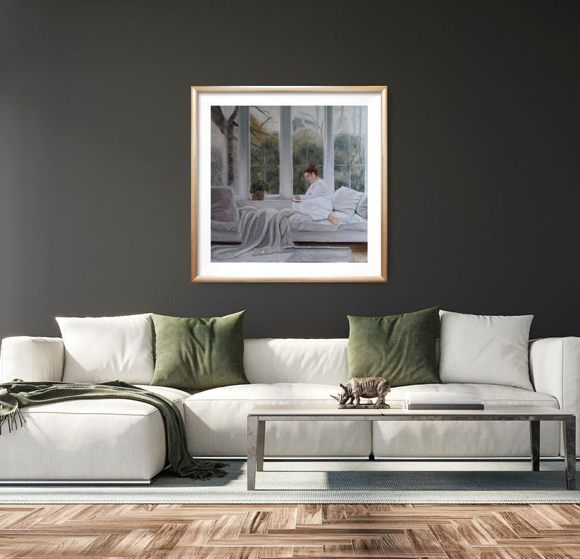 Contemporary oil painting of a woman writing in a journal by a window, soft winter sunlight, muted interior tones, wool blanket, misty foliage and terracotta plant pots creating a peaceful reflective mood.