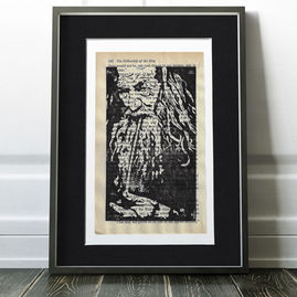 Gandalf enjoys a puff of pipeweed on this linocut printed onto a 1974 copy of Lord of Rings
