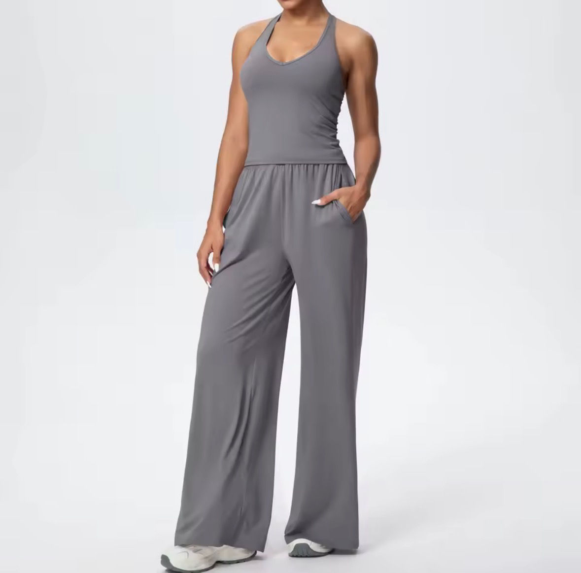 2PCS Sleeveless Workout Set Wide Leg Pants Soft Flowy Yoga Outfit - Light Grey