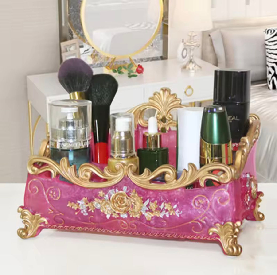 Luxury Cosmetic Makeup/Perfume Organizer in Pink - Handcraft Carving and Paintin
