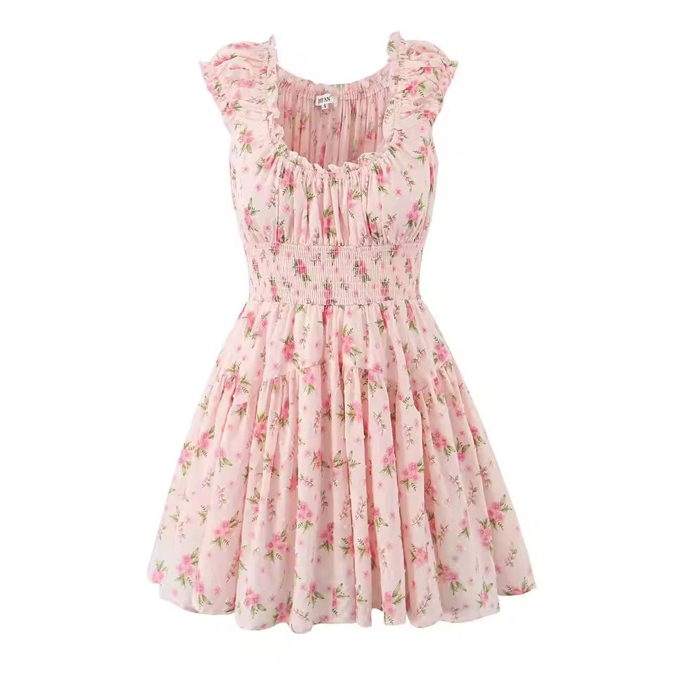 Romantic Blush Floral Ruffle Mini Dress – Elastic Waist A-Line Summer Dress