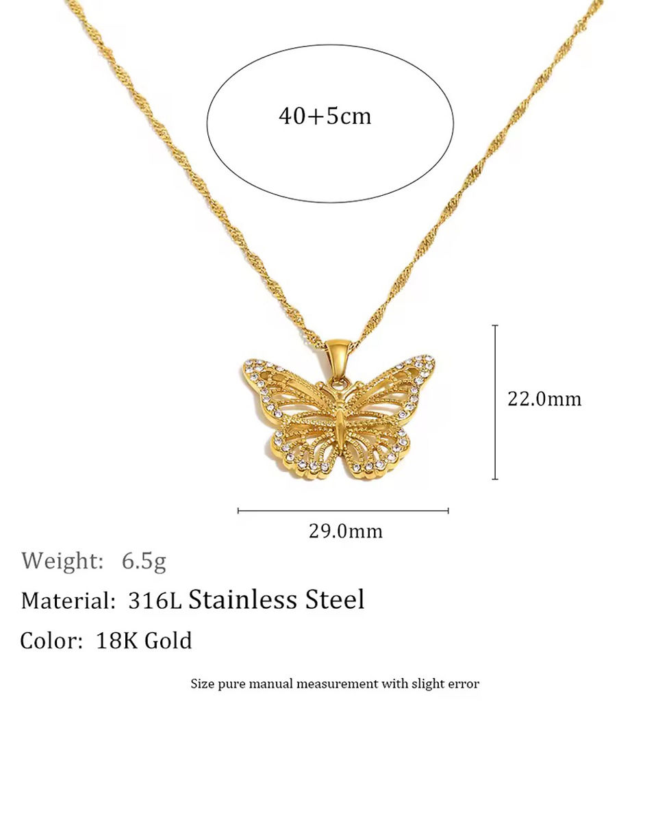 Thumbnail: Gold Stainless Steel Rhinestoned Butterfly Necklace