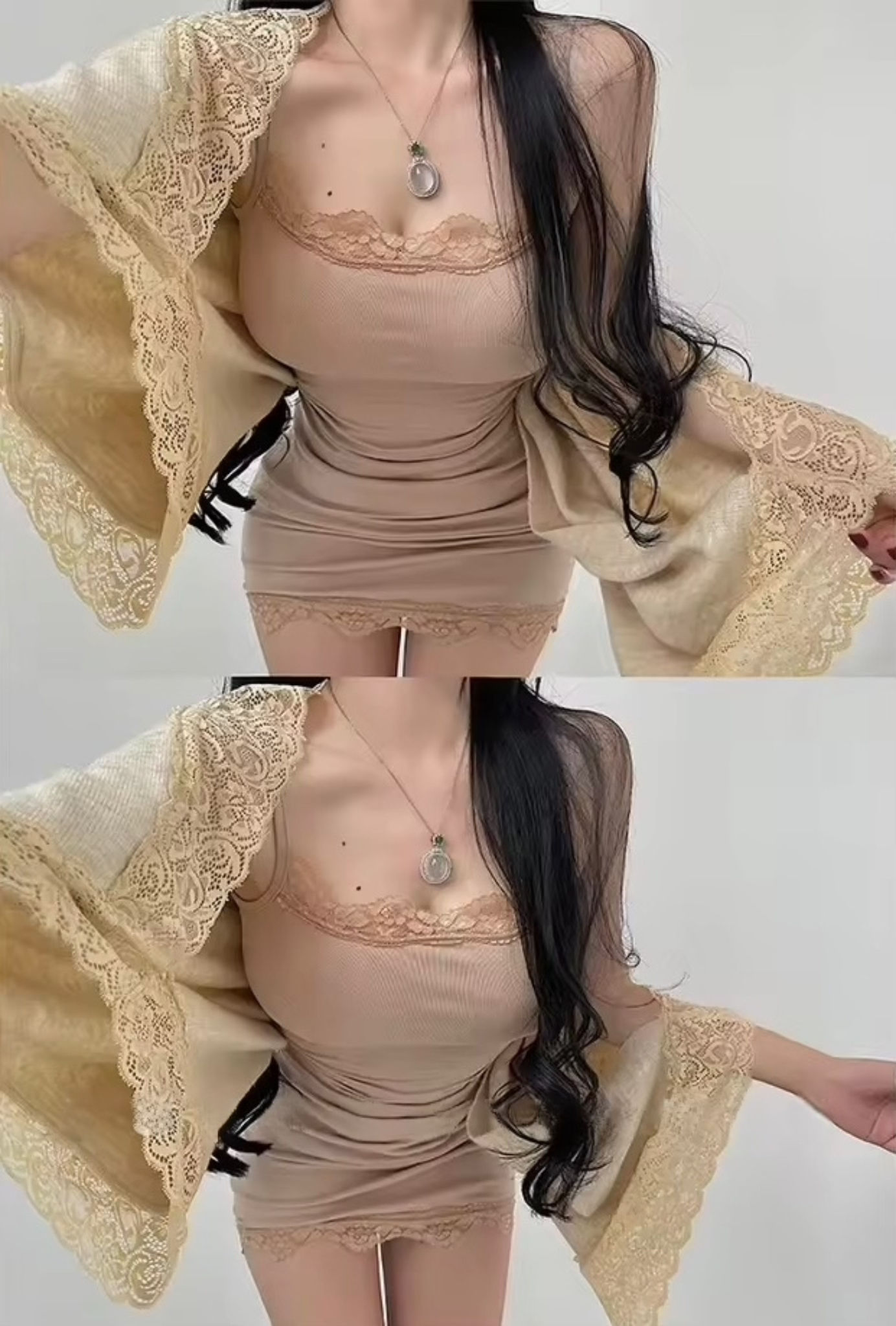 Baddies Lace Trim Mini Dress & Sheer Kimono Cardigan Set – Nude Beige