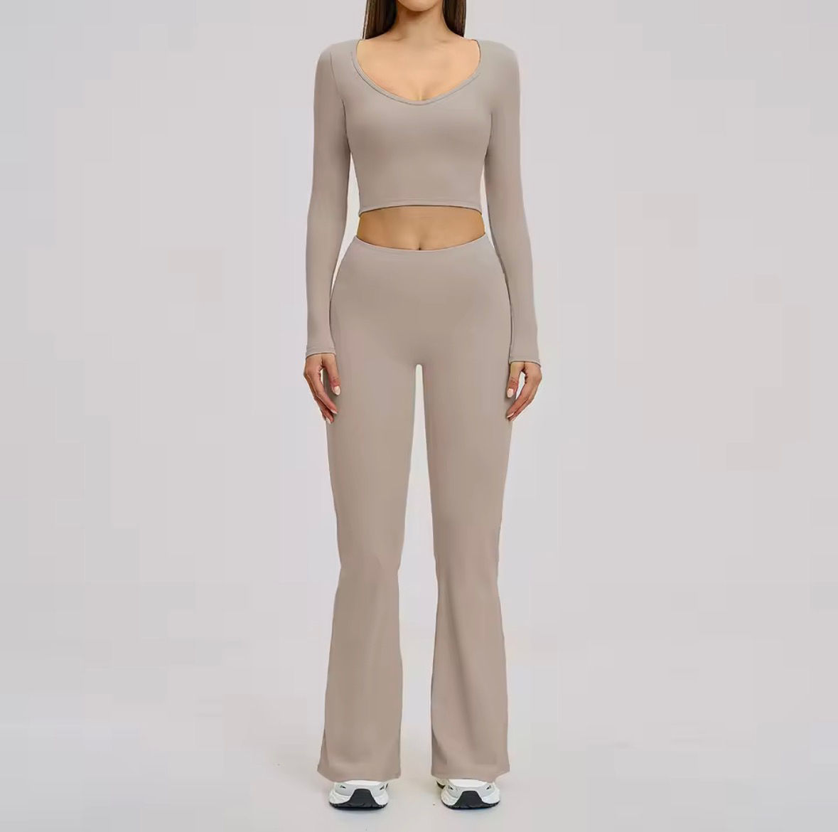 Long Sleeve Crop Top & Flare Leggings Yoga Set - Light Brown