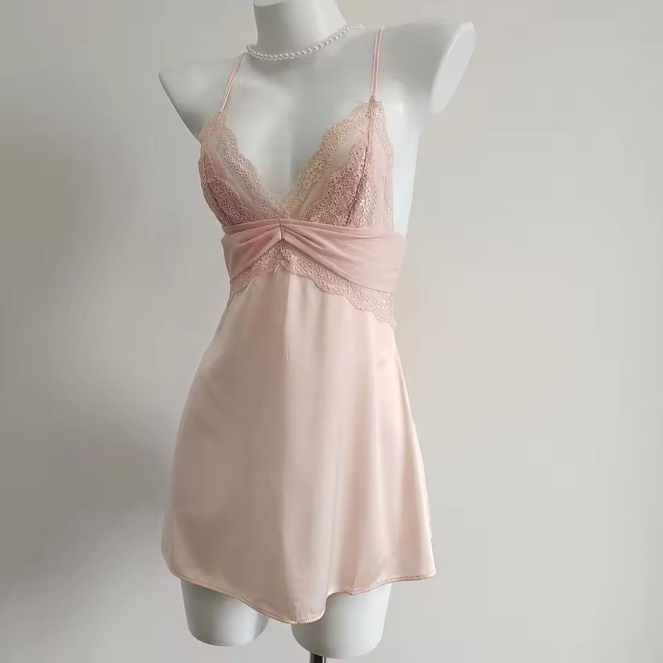 Thumbnail: Sexy Blush Lace Back Cross Nightdress Lingerie